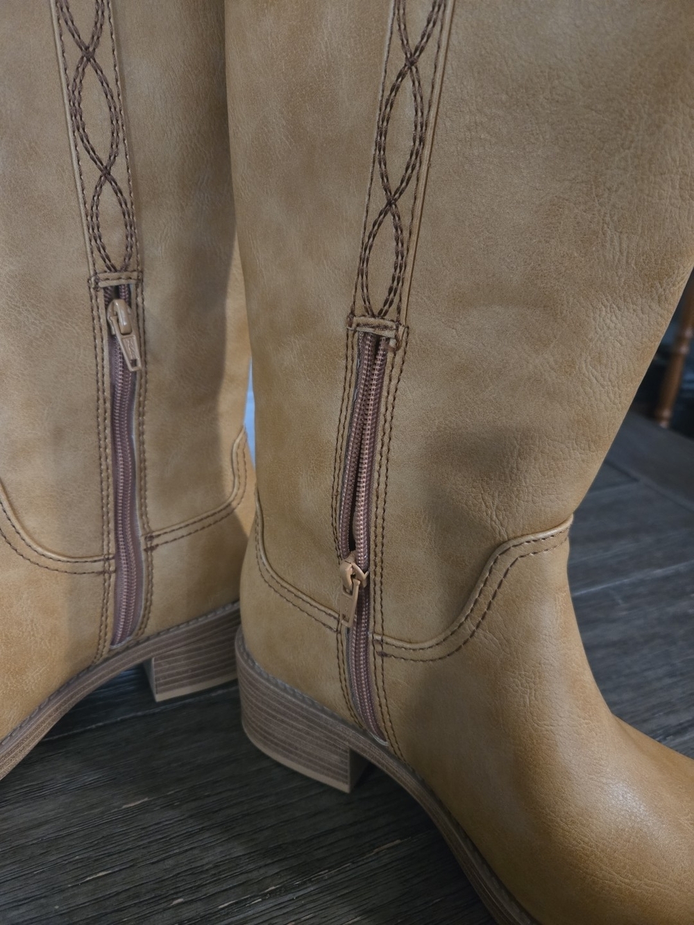 Knee-High Tan Block Heel Riding Boots - Picture 11 of 14